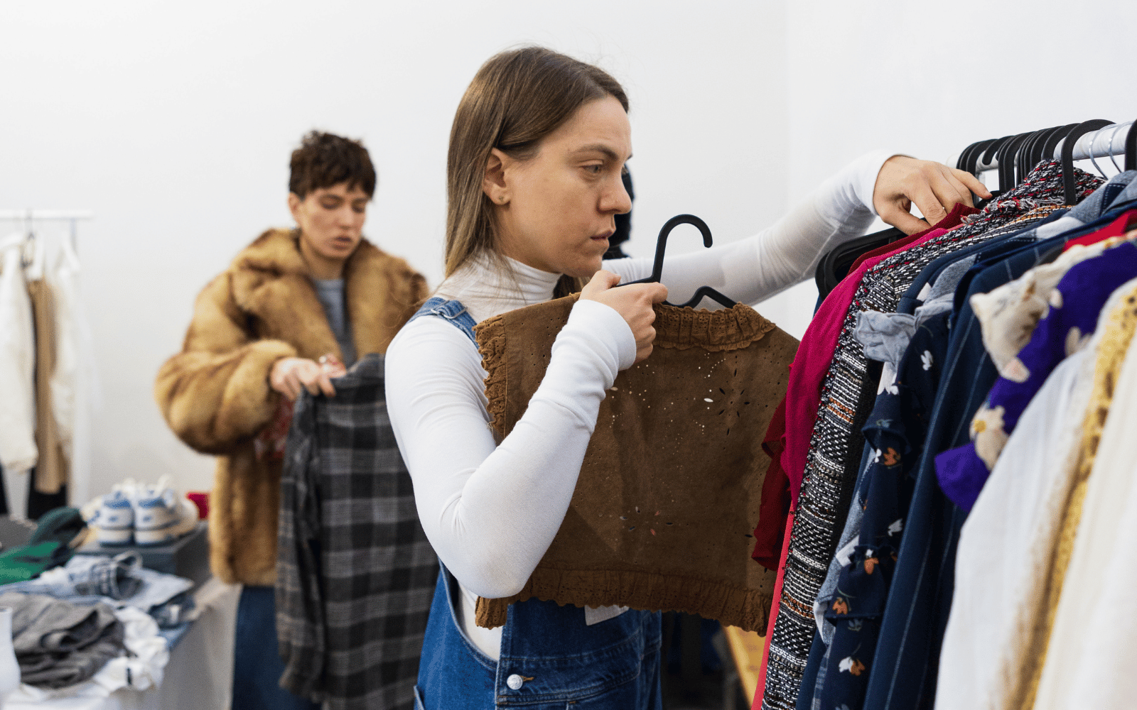 Djevojka pregledava second hand odjeću na stenderu